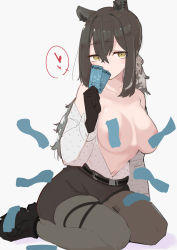 Rule 34 | 1girl, absurdres, animal ears, animal hands, areola slip, arknights, asususususu, black footwear, black shorts, breasts, brown hair, censored nipples, closed mouth, collarbone, collared shirt, commentary request, heart, highres, holding, holding money, long hair, long sleeves, lungmen dollar, medium breasts, money, navel, open clothes, open shirt, pantyhose, polka dot, polka dot shirt, ponytail, raccoon ears, raccoon girl, robin (arknights), seiza, shirt, shoes, shorts, sitting, sketch, solo, spoken heart, white background, white shirt, yellow eyes