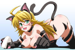 Rule 34 | 1girl, ahoge, animal ear fluff, animal ears, animal hands, antenna hair, arched back, ass, bare shoulders, blonde hair, blush, boots, breast press, breasts, capcom, cat ears, cat tail, choker, cleavage, collar, cosplay, dimples of venus, elbow gloves, fang, felicia (cosplay), felicia (vampire), food, fur, glasses, gloves, green eyes, hoshii miki, idolmaster, idolmaster (classic), large breasts, long hair, onigiri, rice, rikumoto yoshiyuki, solo, tail, thighhighs, top-down bottom-up, vampire (game), whiskers