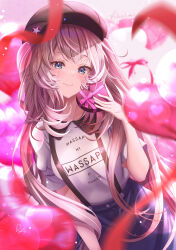 Rule 34 | 1girl, absurdres, beret, black hat, blue eyes, blue skirt, blurry, blurry background, box, clothes writing, fate/grand order, fate (series), grey hair, hat, heart, heart-shaped box, highres, holding, holding box, long hair, marie antoinette (fate), musical note, shirt, skirt, smile, solo, star (symbol), suspenders, totomiya, very long hair, white shirt