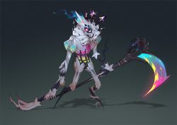 Rule 34 | 1boy, crown, fiddlesticks, full body, glowing, glowing eye, gradient background, grey background, grin, highres, holding, holding weapon, league of legends, multicolored clothes, oskar vega, scythe, smile, solo, space, sparkle, standing, star nemesis fiddlesticks, weapon