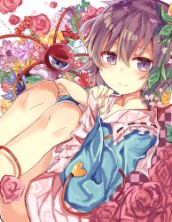 Rule 34 | 1girl, ass, bad id, bad pixiv id, blouse, blue shirt, blush, buttons, eyeball, feet out of frame, floral print, flower, flower request, frilled shirt collar, frilled sleeves, frills, hairband, hand on own chest, heart, highres, knee to chest, komeiji satori, legs together, long sleeves, looking at viewer, multiple girls, pink skirt, purple eyes, purple hair, ribbon-trimmed collar, ribbon trim, rose, shirt, short hair, skirt, solo, thighs, third eye, to-den (v-rinmiku), touhou, wide sleeves