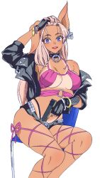 Rule 34 | 1girl, animal ears, armpits, black gloves, black jacket, blue eyes, bracelet, breasts, chair, feet out of frame, fingerless gloves, gloves, gun, highres, holding, holding gun, holding weapon, jacket, jewelry, large breasts, long hair, looking at viewer, micro shorts, o-ring, open mouth, pig ears, pig girl, pink hair, rose (zaiyuki), shorts, simple background, smile, solo, tadpolejackson, tan, tanline, weapon, white background, zaiyuki