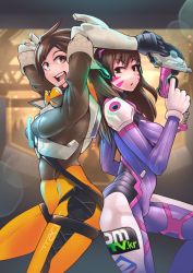 Rule 34 | 2girls, absurdres, adunba rell, arms up, ass, ass-to-ass, back-to-back, bodysuit, brown hair, d.va (overwatch), highres, looking at viewer, multiple girls, overwatch, overwatch 1, skello, tracer (overwatch)