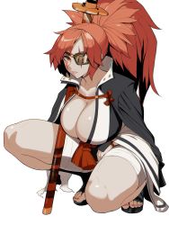 Rule 34 | 1girl, arc system works, baiken, breasts, cleavage, eyepatch, guilty gear, highres, huge breasts, large breasts, long hair, looking at viewer, pink hair, ponytail, red eyes, solo, squatting, thighs
