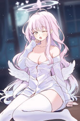 Rule 34 | 1girl, absurdres, angel wings, arm support, armpit crease, ash (cat7evy), blue archive, blurry, blurry background, blush, breasts, cleavage, collarbone, commentary, fang, gradient hair, halo, highres, light particles, long hair, long sleeves, looking at viewer, low wings, medium breasts, mika (blue archive), multicolored hair, no shoes, open mouth, pink hair, pink halo, shirt, sitting, skin fang, sleepy, sleeves past wrists, solo, tearing up, thighhighs, thighs, white shirt, white thighhighs, white wings, wings, wooden floor, yawning, yellow eyes
