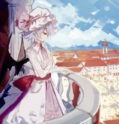 Rule 34 | 1girl, ascot, balcony, bat wings, bell, blue sky, bow, brooch, cityscape, cross, dress, dress shirt, fang, flag, flat chest, fountain, frilled shirt collar, frills, hand on own chest, hat, hat ribbon, highres, hill, house, jewelry, lace-trimmed sleeves, lace trim, landscape, latin cross, light purple hair, long sleeves, mob cap, pink dress, railing, red bow, red eyes, red ribbon, remilia scarlet, ribbon, sash, shirt, short hair, sky, sorani (kaeru0768), touhou, tower, wings