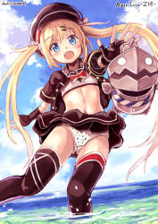Rule 34 | 1girl, artist name, azur lane, blonde hair, bra, character name, cloud, dada (esoragoto), day, fang, fingerless gloves, flat chest, gloves, hair ornament, hair ribbon, hairclip, hat, jacket, long hair, looking at viewer, midriff, navel, open mouth, panties, ribbon, sky, solo, thighhighs, training bra, twintails, underwear, z18 (azur lane)