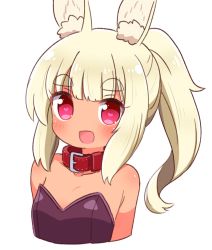 Rule 34 | 1girl, :d, animal ear fluff, animal ears, bare shoulders, blonde hair, blush, breasts, collar, collarbone, commentary request, cropped torso, dark-skinned female, dark skin, etrian odyssey, heart, heart-shaped pupils, highres, leotard, long hair, looking at viewer, masurao 2 (sekaiju), naga u, open mouth, ponytail, purple leotard, rabbit ears, red collar, red eyes, sekaiju no meikyuu, sekaiju no meikyuu 5, short eyebrows, sidelocks, simple background, small breasts, smile, solo, strapless, strapless leotard, symbol-shaped pupils, thick eyebrows, upper body, white background