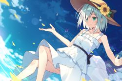 Rule 34 | 1girl, absurdres, bare arms, bare shoulders, beamed eighth notes, blue sky, brown hat, closed mouth, cloud, collarbone, commentary request, day, dress, flower, frilled dress, frills, glint, green eyes, hair over one eye, hat, hat flower, highres, jewelry, looking away, musical note, original, outdoors, pendant, quarter note, silver hair, sky, sleeveless, sleeveless dress, smile, solo, straw hat, sunflower, treble clef, white dress, yellow flower, zoirun