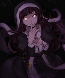 Rule 34 | 1girl, bandaged arm, bandages, belly chain, black background, black hair, cross, danganronpa (series), danganronpa 2: goodbye despair, from above, habit, hands up, highres, jewelry, long hair, long sleeves, looking at viewer, looking up, messy hair, mole, mole under eye, nun, purple hair, rin&#039;no, solo, tearing up, traditional nun, tsumiki mikan, yellow eyes