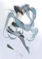 Rule 34 | 1girl, bare shoulders, blue hair, boots, breasts, commentary request, detached sleeves, full body, hatsune miku, headphones, high heel boots, high heels, highres, kushami deso, long hair, miniskirt, parted lips, simple background, skirt, small breasts, solo, spring onion, teeth, thigh boots, thighhighs, twintails, very long hair, vocaloid