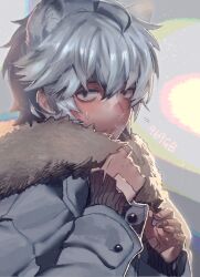 Rule 34 | 1boy, 969gb, ahoge, animal ear fluff, animal ears, arknights, artist name, bandaid, bandaid on hand, blush, closed mouth, commentary request, fur-trimmed jacket, fur trim, grey eyes, grey hair, grey jacket, hair between eyes, hands up, jacket, jaye (arknights), long sleeves, looking at viewer, male focus, sleeves past wrists, solo, sweat, upper body, wide-eyed