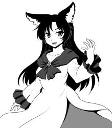 Rule 34 | 1girl, :d, animal ears, black hair, dress, frilled sleeves, frills, greyscale, imaizumi kagerou, isaki (gomi), long hair, long sleeves, monochrome, neckerchief, open mouth, smile, touhou, wolf ears