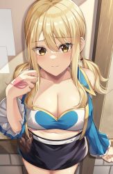 Rule 34 | 1girl, amagi korona, blonde hair, breasts, cleavage, detached sleeves, fairy tail, highres, large breasts, lucy heartfilia, midriff, navel, revealing clothes, skirt, solo, twintails