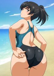 Rule 34 | 1girl, adjusting clothes, adjusting swimsuit, amagami, ass, beach, black hair, black one-piece swimsuit, blue sky, breasts, brown eyes, cloud, competition swimsuit, cowboy shot, day, from behind, highres, horizon, looking at viewer, looking back, medium breasts, ocean, one-piece swimsuit, outdoors, ponytail, sky, solo, swimsuit, tsukahara hibiki, two-tone swimsuit, yuuyuu (3jjbn)