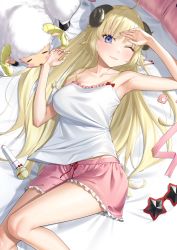 Rule 34 | 1girl, ahoge, armpits, bed sheet, blonde hair, blue eyes, breasts, camisole, curled horns, frills, hair ornament, hairclip, hand on own head, highres, hololive, horns, large breasts, legs, lips, long hair, lying, microphone, on back, on bed, one eye closed, pajamas, pillow, sheep, sheep girl, sheep horns, shorts, silver tokki, sleepwear, solo, spaghetti strap, star-shaped eyewear, star (symbol), sunglasses, tsunomaki watame, tsunomaki watame (loungewear), unworn eyewear, unworn hair ornament, unworn hairclip, very long hair, virtual youtuber, white camisole