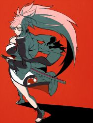 Rule 34 | 1girl, amputee, baiken, big hair, black footwear, black jacket, black kimono, boots, breasts, cleavage, eyepatch, facial tattoo, from above, full body, guilty gear, guilty gear xrd, hand on hilt, highres, jacket, jacket on shoulders, japanese clothes, kataginu, katana, kimono, large breasts, looking back, multicolored clothes, multicolored kimono, one-eyed, pink eyes, pink hair, ponytail, red background, samurai, scabbard, scar, scar across eye, scar on face, sheath, sheathed, smile, solo, sword, tattoo, tb (spr1110), toeless footwear, torn sleeve, walking, weapon, white kimono