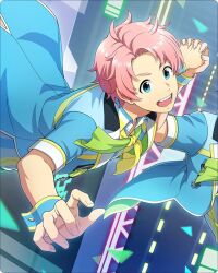 Rule 34 | 2boys, ahoge, blue eyes, collared shirt, fingernails, holding hands, idolmaster, idolmaster side-m, idolmaster side-m growing stars, kabuto daigo, male focus, multiple boys, official alternate costume, official art, open mouth, out of frame, pink hair, shirt, short sleeves, teeth