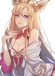 Rule 34 | 1girl, backlighting, bare shoulders, blonde hair, blush, breasts, bubble1995, chain, chinese commentary, cleavage, collar, crown, detached collar, detached sleeves, dress, europa (fate), eyelashes, fate/grand order, fate (series), fingernails, gem, hand up, leaning forward, light particles, light smile, lips, long hair, long sleeves, looking at viewer, medium breasts, nail polish, off-shoulder dress, off shoulder, parted bangs, parted lips, pink nails, purple eyes, red collar, revision, simple background, solo, upper body, very long hair, white background, wide sleeves
