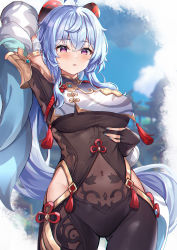 Rule 34 | 1girl, absurdres, ahoge, arm behind head, arm up, blue hair, blue nails, blurry, blurry background, blush, bodysuit, breast curtain, breasts, chinese clothes, cosplay, covered navel, cowboy shot, curled horns, eric (tianqijiang), ganyu (genshin impact), genshin impact, gold trim, highres, hip vent, horns, large breasts, long hair, nail polish, open mouth, purple eyes, shenhe (genshin impact), shenhe (genshin impact) (cosplay), sidelocks, solo, tassel, tight clothes, very long hair