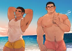 Rule 34 | 2boys, abs, arm hair, armpit hair, armpits, arms behind head, bara, beach, black hair, blush, body hair, bubble tea, bulge, chest hair, covered erect nipples, covered navel, dark-skinned male, dark skin, earrings, facial hair, glasses, goatee, hairy, highres, jewelry, kim liong (shan), large pectorals, leg hair, long sideburns, looking at viewer, male focus, male swimwear, mature male, multiple boys, muscular, muscular male, navel hair, nipples, orange male swimwear, original, pectorals, see-through, shan (shanshankuo), short hair, shorts, side slit, side slit shorts, sideburns, smile, stomach, sunset, swim trunks, tank top, thick eyebrows, thick thighs, thighs, topless male, tsi-ho (shan), wet, white tank top, yellow male swimwear