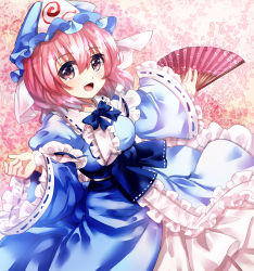 Rule 34 | 1girl, :d, arms up, blue bow, blue kimono, bow, breasts, cherry blossoms, commentary request, curled fingers, dutch angle, floral background, folding fan, hair between eyes, hand fan, hat, holding, holding fan, japanese clothes, kimono, looking at viewer, medium breasts, mob cap, nagare, obi, open mouth, outstretched arm, petals, petticoat, pink eyes, pink hair, saigyouji yuyuko, sash, short hair, smile, solo, standing, touhou, triangular headpiece