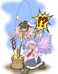 Rule 34 | !?, 2girls, ^^^, animal ears, black hair, blush, bowl, brown hair, carrot, carrot necklace, closed eyes, female focus, food, hammer, inaba tewi, jewelry, kine, kneeling, long hair, mallet, mochi, mochitsuki, multiple girls, necklace, necktie, open mouth, outstretched hand, pendant, pink hair, purple hair, rabbit ears, red necktie, reisen udongein inaba, shinadume, shirt, short hair, skirt, smile, surprised, tears, touhou, violence, wagashi, wide-eyed