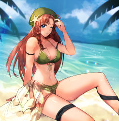 Rule 34 | 1girl, ahoge, arm strap, beach, beret, bikini, blue eyes, blue sky, blush, breasts, cloud, commentary request, day, green bikini, green hat, green sarong, grin, halterneck, hat, hat ornament, highres, hong meiling, large breasts, long hair, looking at viewer, midriff, nanase chiori, navel, ocean, outdoors, palm tree, red hair, sarong, sitting, sky, smile, solo, star (symbol), star hat ornament, swimsuit, thigh strap, thighs, touhou, tree