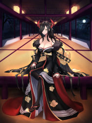 Rule 34 | 1girl, absurdres, azur lane, bare shoulders, black hair, black pantyhose, breasts, cleavage, collarbone, dintea, friedrich der grosse (azur lane), friedrich der grosse (dark raiments of gagaku) (azur lane), fur, fur collar, hair ornament, highres, japanese clothes, kimono, large breasts, long hair, looking at viewer, official alternate costume, on floor, one eye covered, pantyhose, sandals, simple background, sitting, solo, yellow eyes