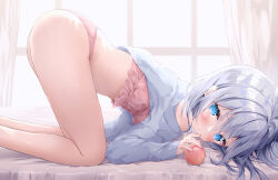 Rule 34 | 1girl, amedamacon, ass, blue eyes, blush, closed mouth, commentary request, curtains, feet out of frame, food, from side, fruit, grey hair, grey jacket, hair between eyes, indoors, jacket, long sleeves, looking at viewer, looking to the side, no pants, original, panties, peach, pink panties, sleeves past wrists, solo, top-down bottom-up, underwear, window