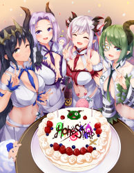 Rule 34 | 4girls, nanashi inc., :d, bare shoulders, belt, between breasts, black hair, breast curtains, breasts, cake, cleavage, closed eyes, copyright name, crop top, demon girl, demon horns, detached sleeves, eyepatch, food, highres, honey strap, horns, irohara, large breasts, long hair, looking at viewer, midriff, multiple girls, navel, necktie, one eye closed, open mouth, pleated skirt, pointy ears, saionji mary, sekishiro mico, shimamura charlotte, shirt, sidelocks, skirt, smile, suou patra, table, virtual youtuber, white shirt, white skirt, yellow eyes