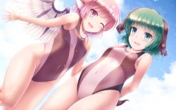 Rule 34 | 2girls, :d, ;d, animal ears, bare arms, bare shoulders, bird wings, blue sky, breasts, cloud, commentary request, competition swimsuit, covered navel, dutch angle, green eyes, green hair, highres, kasodani kyouko, looking at viewer, lzh, multiple girls, mystia lorelei, one-piece swimsuit, one eye closed, open mouth, pink eyes, pink hair, short hair, sky, small breasts, smile, swimsuit, touhou, wings