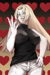 Rule 34 | 1girl, black shirt, blonde hair, blowing kiss, breasts, forehead, gumi (the eye of darkness), hand on own hip, heart, highres, jujutsu kaisen, large breasts, pants, parted lips, shirt, sleeveless, sleeveless shirt, tsukumo yuki (jujutsu kaisen), white pants, yellow eyes