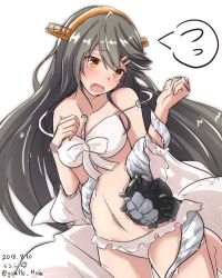 Rule 34 | 1girl, alternate costume, bikini, black hair, blush, breasts, dated, enemy naval mine (kancolle), flying sweatdrops, giraffe (ilconte), hair ornament, hairclip, haruna (kancolle), highres, kantai collection, long hair, medium breasts, one-hour drawing challenge, open mouth, simple background, solo, spoken flying sweatdrops, swimsuit, twitter username, white background, white bikini, yellow eyes