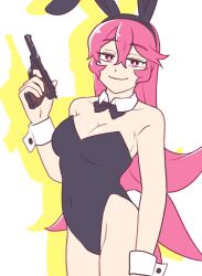 Rule 34 | 1girl, animal ears, bare shoulders, black bow, black bowtie, black leotard, bow, bowtie, breasts, cleavage, clip studio paint (medium), covered navel, detached collar, fake animal ears, fake tail, gun, hair between eyes, handgun, highres, holding, holding gun, holding weapon, leotard, long bangs, long hair, looking at viewer, luger p08, medium breasts, original, pink eyes, pink hair, playboy bunny, rabbit ears, rabbit tail, rida (vibrantrida), shadow, sidelocks, smile, solo, tail, vibrantrida, weapon, white background, wrist cuffs, yellow background