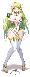 Rule 34 | 1girl, :o, absurdres, bare shoulders, black panties, blush, boots, breasts, covering privates, covering breasts, curvy, detached collar, elbow gloves, elf, elsword, female focus, full body, gloves, grand archer (elsword), green eyes, green hair, high heels, highres, knees together feet apart, large breasts, legs, long hair, long legs, looking at viewer, matching hair/eyes, navel, panties, unworn panties, pointy ears, puffy sleeves, rena erindel, side-tie panties, simple background, snowball22, solo, standing, thigh boots, thigh gap, thighhighs, thighs, torn clothes, underwear, very long hair, white background, white gloves, white thighhighs, wide hips