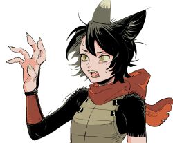 Rule 34 | 1girl, animal ears, bare shoulders, black hair, body fur, bracer, cat ears, claws, dungeon meshi, fangs, highres, izutsumi, open mouth, red scarf, robodumpling, scarf, short hair, simple background, sleeveless, slit pupils, solo, sweatdrop, upper body, white background