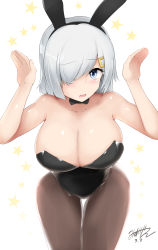 Rule 34 | 1girl, alternate costume, animal ears, artist name, black leotard, blue eyes, breasts, cleavage, collarbone, cowboy shot, dated, fake animal ears, hair ornament, hair over one eye, hairclip, hamakaze (kancolle), highres, kantai collection, large breasts, leaning forward, leotard, looking at viewer, mizuyan, open mouth, pantyhose, playboy bunny, rabbit ears, short hair, silver hair, simple background, solo, standing, upper body, white background