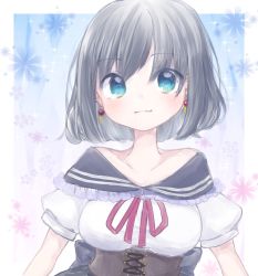 Rule 34 | 1girl, black sailor collar, black skirt, blue eyes, breasts, closed mouth, collarbone, commentary request, earrings, floral background, grey hair, hair between eyes, high-waist skirt, highres, jewelry, looking at viewer, medium breasts, neck ribbon, off shoulder, original, puffy short sleeves, puffy sleeves, red ribbon, rensei, ribbon, sailor collar, school uniform, serafuku, shirt, short hair, short sleeves, skirt, smile, solo, white shirt