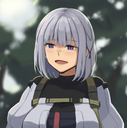 Rule 34 | 1girl, blunt bangs, blurry, blurry background, breasts, collarbone, commentary, english commentary, girls&#039; frontline, grey hair, highres, kion-kun, medium hair, open mouth, outdoors, purple eyes, rpk-16 (girls&#039; frontline), solo, upper body