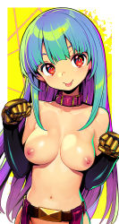 Rule 34 | 1girl, :p, blue hair, blush, breasts, clenched hands, collar, collarbone, elbow gloves, gloves, kula diamond, long hair, looking at viewer, medium breasts, navel, nipples, nude, onono imoko, paw pose, red eyes, solo, standing, the king of fighters, tongue, tongue out, yellow background