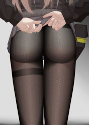 Rule 34 | 1girl, absurdres, ass, black coat, brown hair, clothes lift, coat, from behind, girls&#039; frontline, grey background, highres, lifted by self, long hair, miniskirt, pantyhose, pleated skirt, simple background, skirt, skirt lift, solo, thigh gap, thighband pantyhose, ump45 (girls&#039; frontline), yonao