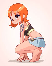 Rule 34 | 1girl, ass, barefoot, blush, breasts, butt crack, closed mouth, commentary, crop top, english commentary, from behind, full body, highres, looking at viewer, louis lloyd-judson, medium breasts, nami (one piece), one piece, orange hair, pirate, short hair, skirt, smile, solo, squatting, tank top, tattoo, white background