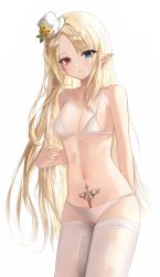 Rule 34 | 1girl, absurdres, bad id, bad pixiv id, bare arms, bare shoulders, bikini, blonde hair, blue eyes, breasts, chabi, commission, cowboy shot, elf, flower, front-tie bikini top, front-tie top, groin, hat, hat flower, heterochromia, highres, long hair, looking at viewer, mini hat, navel, original, parted bangs, pointy ears, pubic tattoo, red eyes, simple background, small breasts, solo, standing, stomach, string bikini, sweatdrop, swimsuit, tattoo, thighhighs, top hat, very long hair, white background, white bikini, white hat, white thighhighs