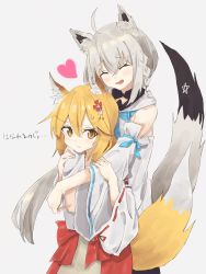Rule 34 | 2girls, ahoge, animal ears, blonde hair, blush, braid, closed eyes, commentary request, detached sleeves, dot nose, fang, fox ears, fox girl, fox tail, hair between eyes, hair ornament, heart, highres, hololive, hololive gamers, hug, hug from behind, long hair, multiple girls, open mouth, oranji, pentagram, ribbon, ribbon-trimmed sleeves, ribbon trim, senko (sewayaki kitsune no senko-san), sewayaki kitsune no senko-san, shirakami fubuki, shirakami fubuki (1st costume), short hair, sidelocks, silver hair, simple background, single braid, tail, tail raised, translation request, virtual youtuber, white background, wide sleeves, yellow eyes