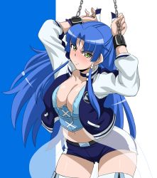 Rule 34 | 1girl, angry, arms up, battle spirits, battle spirits: burning soul, belt, blue hair, blush, breasts, chain, choker, cleavage, cuffs, embarrassed, green eyes, gunjou souun, highres, jacket, large breasts, legs, long hair, long sleeves, looking at viewer, makino tomoyasu, midriff, navel, open clothes, raised eyebrows, short shorts, shorts, sidelocks, simple background, solo, standing, sweatdrop, thighs, torn clothes, wide hips