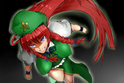 Rule 34 | 1girl, alternate eye color, beret, blunt bangs, braid, breasts, dress, female focus, from above, ginko (nico), green dress, hat, hong meiling, impossible clothes, impossible shirt, long hair, muninn-hnginn, perspective, puffy sleeves, purple eyes, red hair, shirt, short sleeves, side slit, smirk, solo, star (symbol), touhou, twin braids, wristband