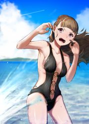 Rule 34 | 1girl, black nails, black one-piece swimsuit, blue sky, blunt bangs, blurry, blurry background, blush, breasts, brown hair, casual one-piece swimsuit, cleavage, cloud, collarbone, cowboy shot, day, floating hair, highres, idolmaster, idolmaster cinderella girls, kamiya nao, long hair, medium breasts, nail polish, o-ring, o-ring swimsuit, one-piece swimsuit, open mouth, outdoors, ponytail, purple eyes, rerere, sideboob, sky, solo, standing, swimsuit, wading