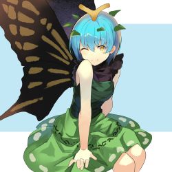 Rule 34 | 1girl, ;), aged up, antennae, arm support, bare arms, bare shoulders, blue background, blue hair, blush, butterfly wings, commentary request, dress, eternity larva, falken (yutozin), feet out of frame, green dress, hair between eyes, highres, insect wings, invisible chair, leaf, looking at viewer, one-hour drawing challenge, one eye closed, short hair, sitting, sleeveless, sleeveless dress, smile, solo, touhou, two-tone background, white background, wings, yellow eyes