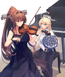 Rule 34 | 2girls, ahoge, alternate costume, alternate headgear, artist name, black bow, black bowtie, black dress, blonde hair, blue eyes, bouquet, bow, bow (music), bowtie, breasts, brown eyes, brown hair, dated, dress, dress shirt, flower, grand piano, hair between eyes, hair intakes, headgear, heart, highres, himeyamato, holding, holding bouquet, instrument, iowa (kancolle), kantai collection, large breasts, long hair, long sleeves, multiple girls, music, musical note, on bench, pants, piano, piano bench, playing instrument, revision, shirt, sitting, smile, star-shaped pupils, star (symbol), symbol-shaped pupils, very long hair, violin, wooden floor, yamato (kancolle)